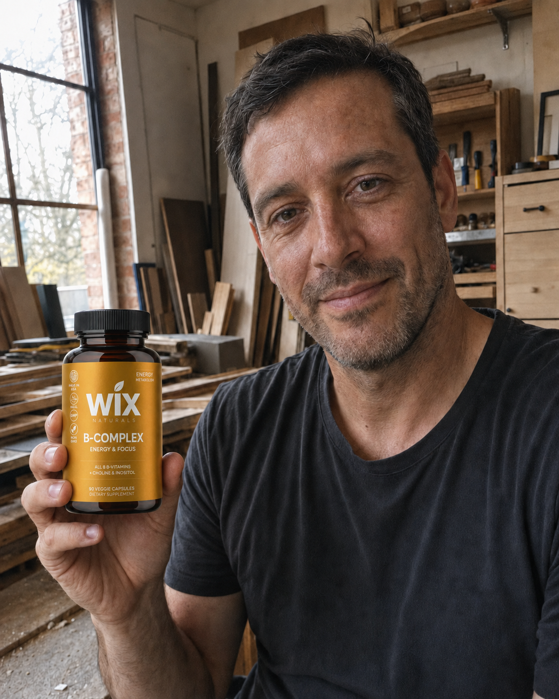 Jordan with WIX Naturals B-Complex in a Melbourne workshop