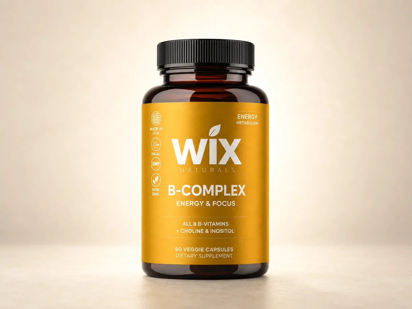 WIX Naturals B-Complex bottle in a premium studio setting