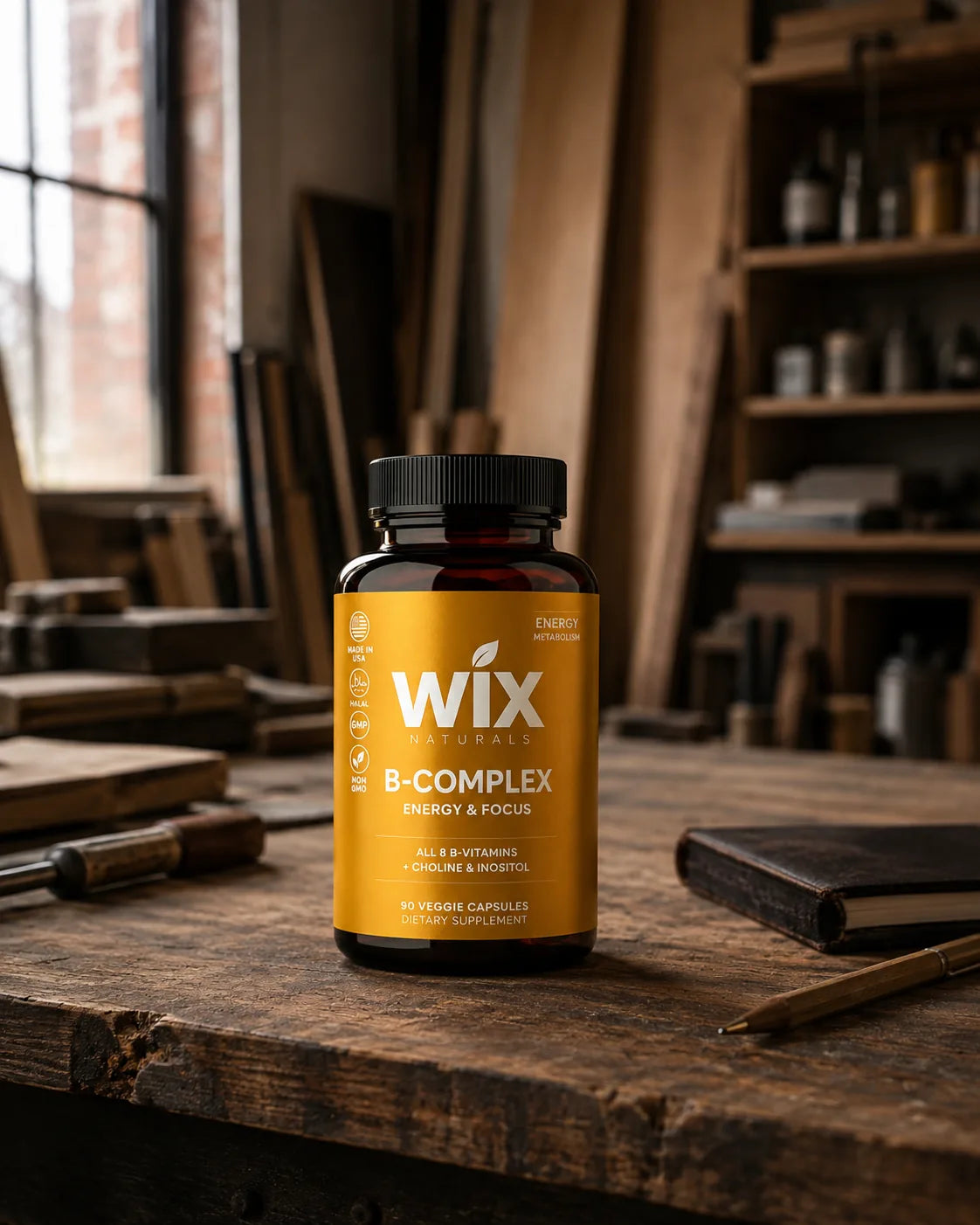 WIX Naturals B-Complex in a warm workshop lifestyle scene
